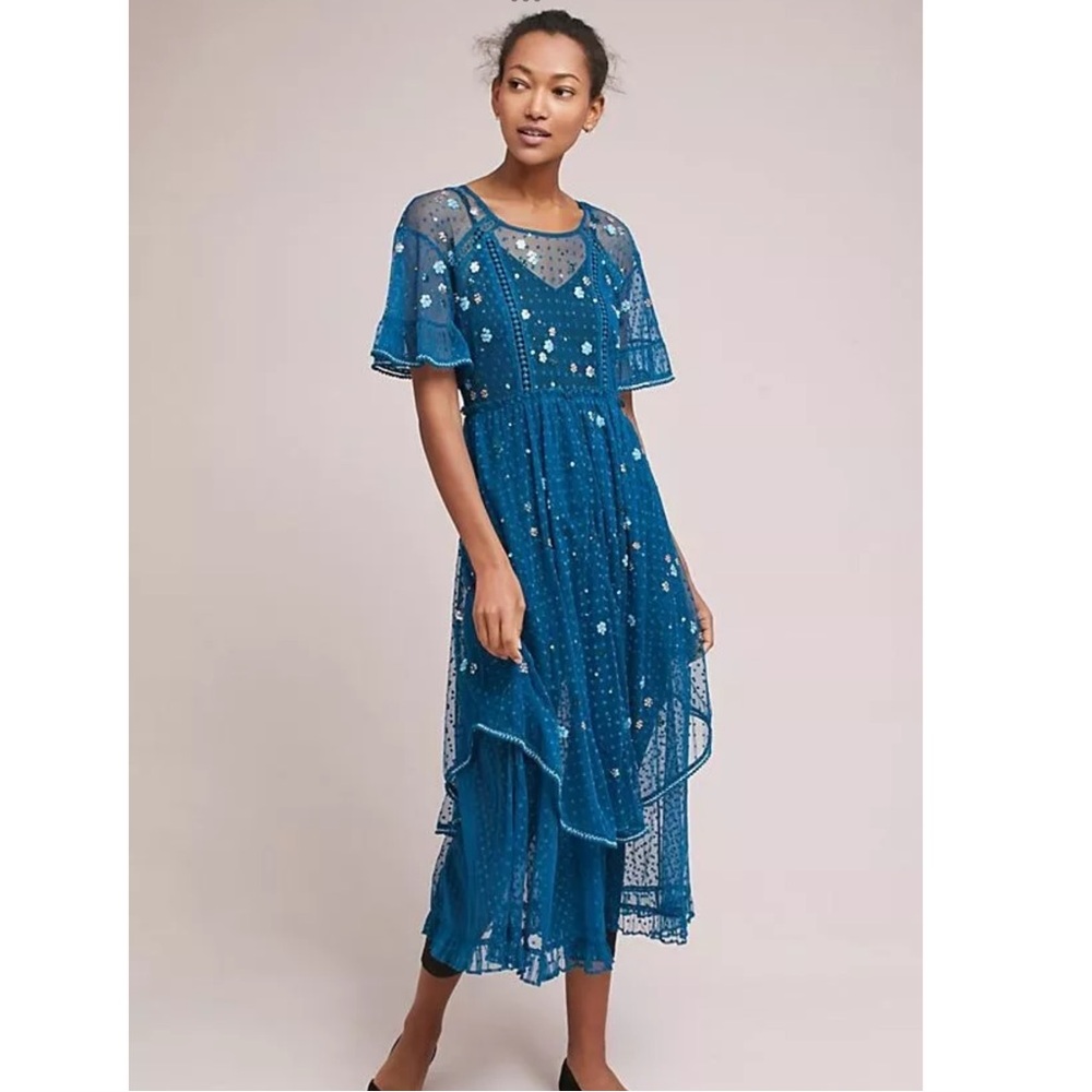 Anthropologie Teal Blue Embroidered Tiered Midi Dress